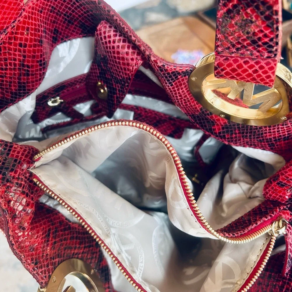 Michael Kors Red Black Snake Print Tote Shoulder Bag Gold Logo